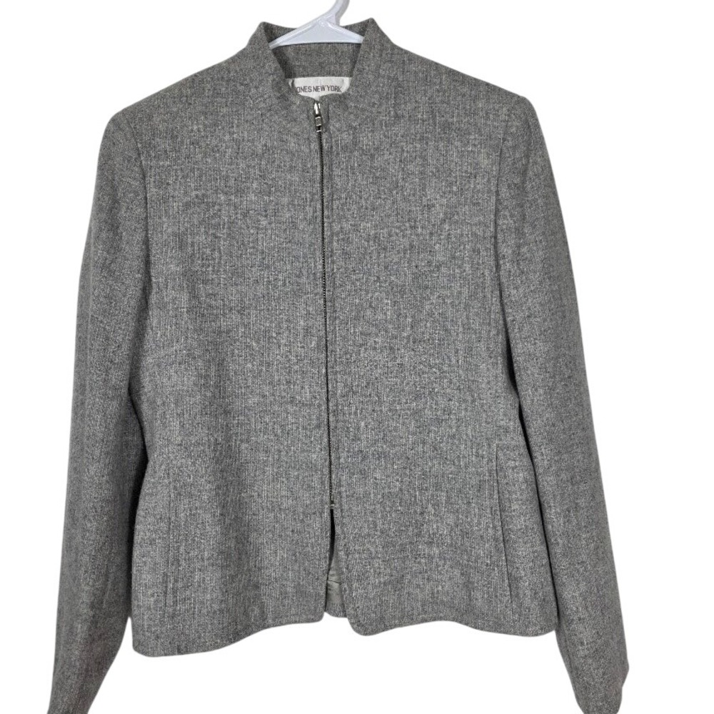 Jones New York Jacket Women 10 Grey Wool Blend Zip Mock Neck Career Blazer